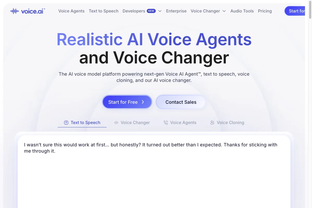 The Voice.ai homepage with AI voice agents and a real-time voice changer