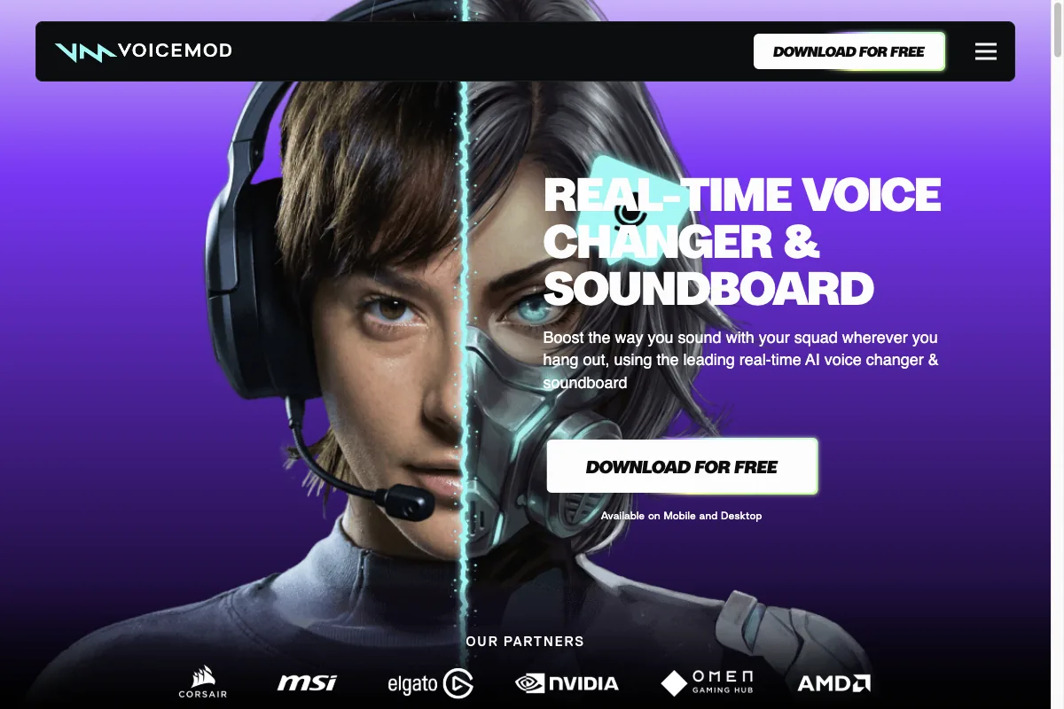The Voicemod homepage with the real-time voice changer and soundboard for gaming and streaming