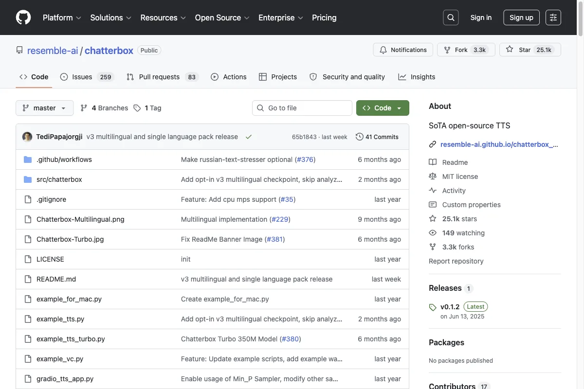 The GitHub page of the open-source TTS model Chatterbox by Resemble AI