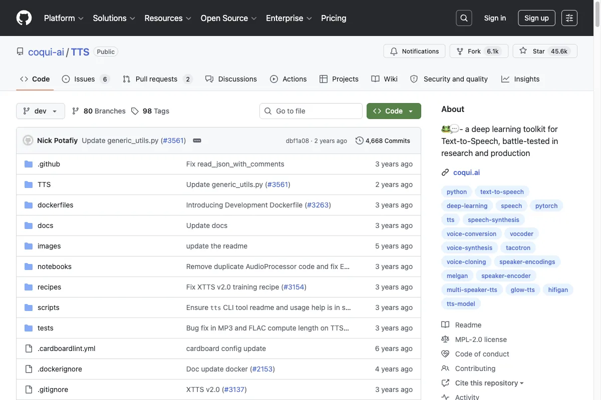 The GitHub page of the open-source Coqui TTS toolkit for speech synthesis