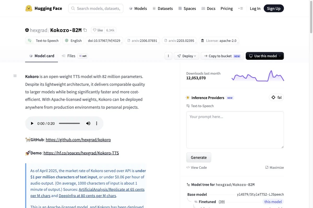 The Hugging Face model page of the lightweight open-source TTS model Kokoro