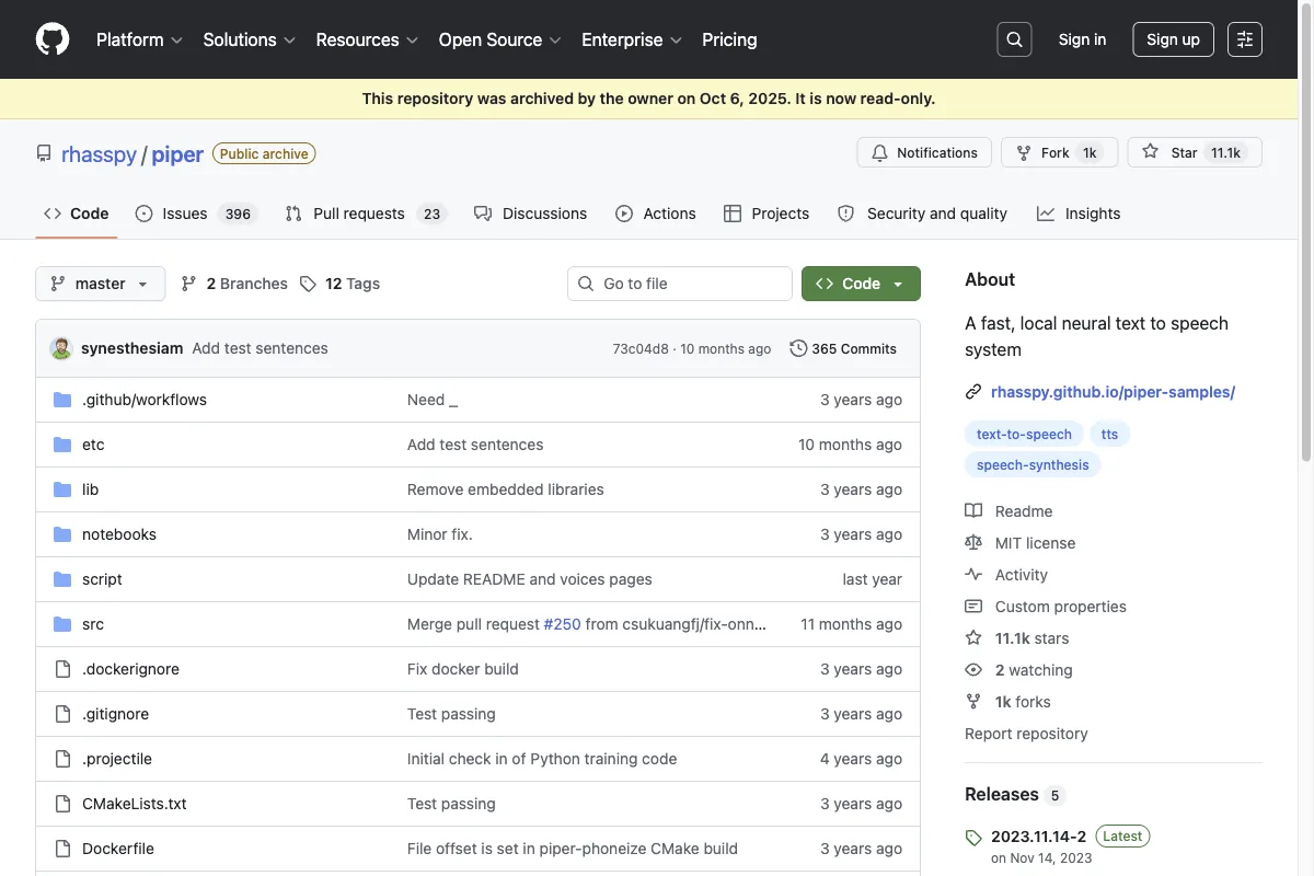 The GitHub page of the fast, local open-source TTS system Piper