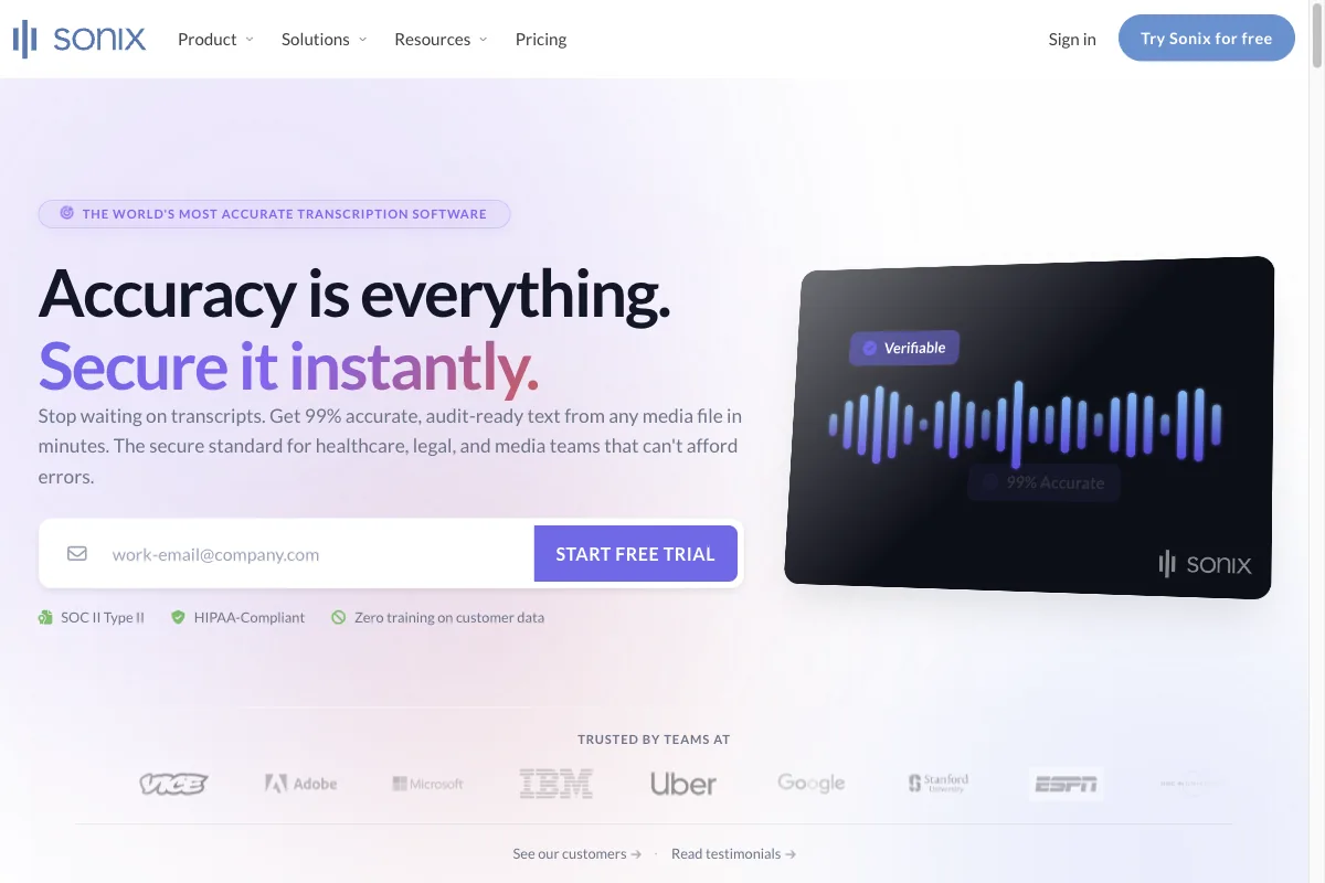 The Sonix homepage for automatic transcription (speech-to-text)
