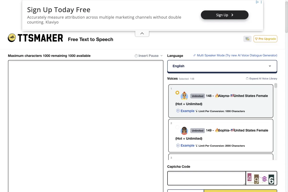The TTSMaker interface, a free text-to-speech tool with a large voice selection