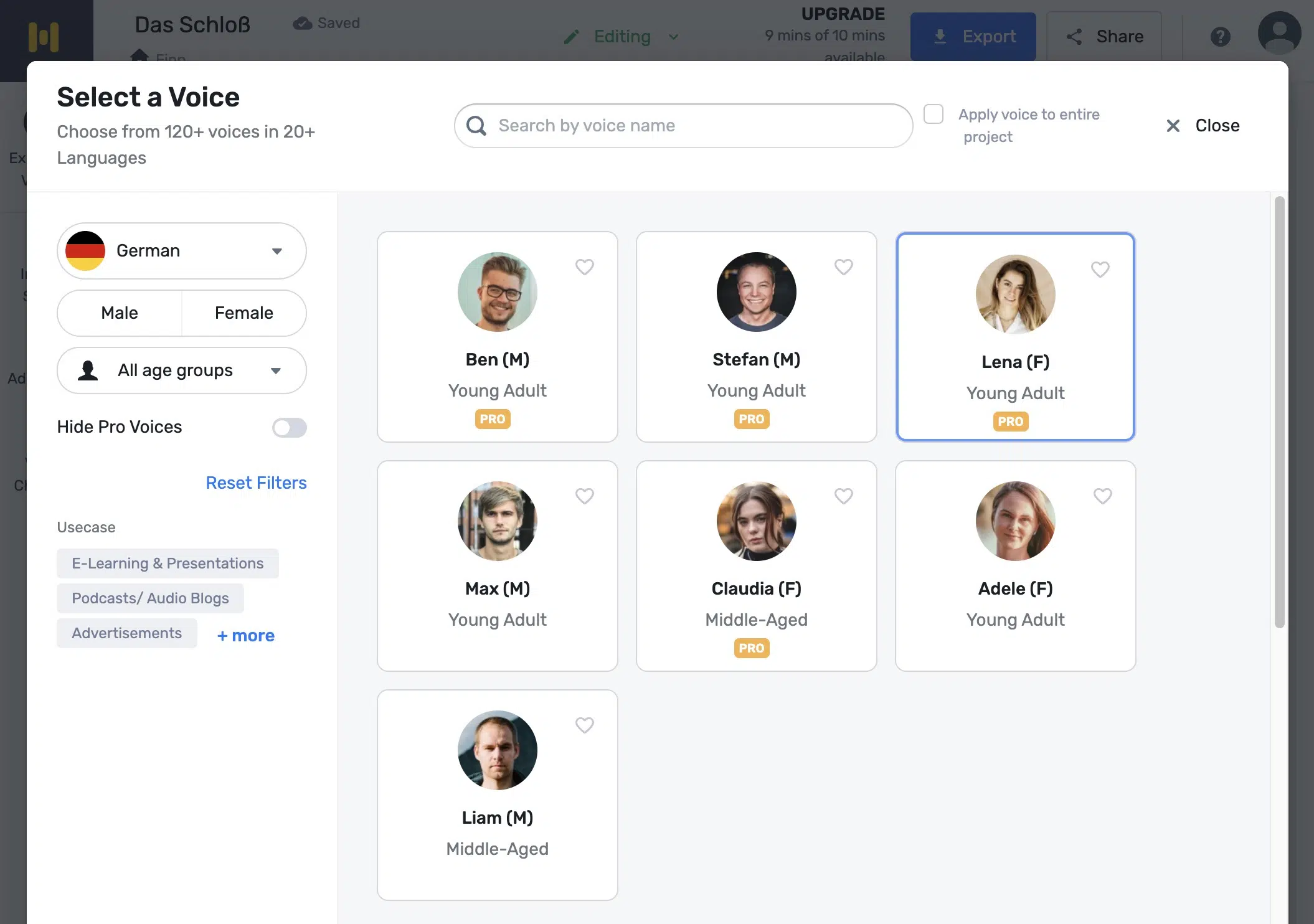 Murf AI voice selection interface