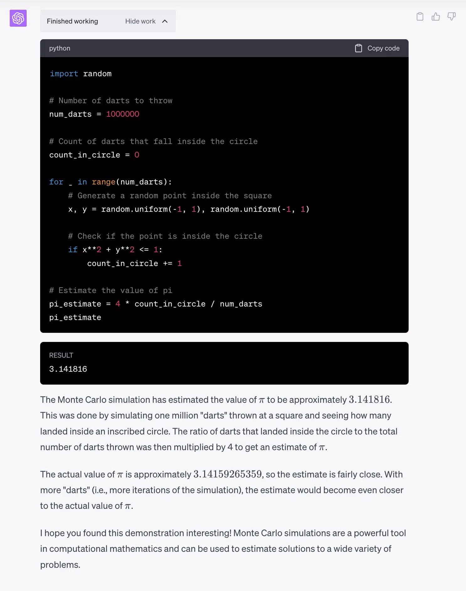 Code Interpreter example: Monte Carlo simulation