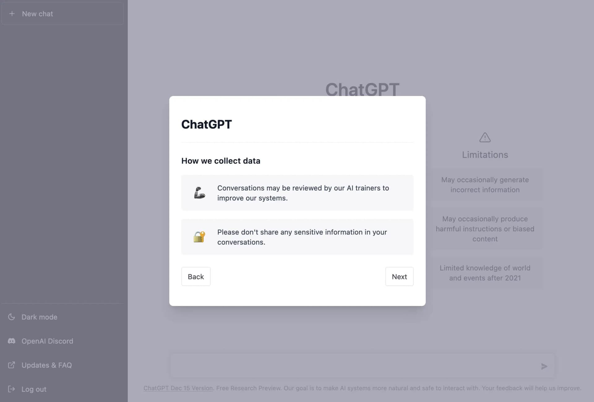 Privacy information for ChatGPT
