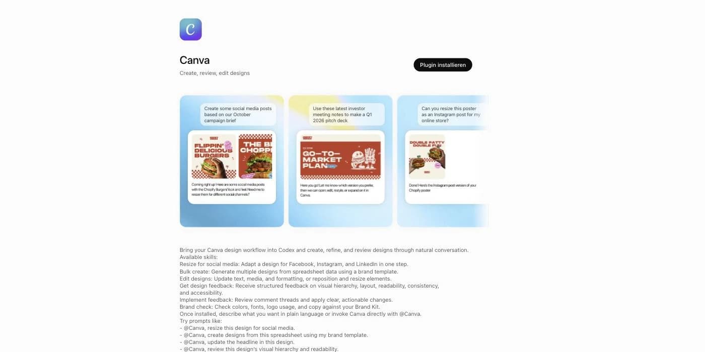 The Canva plugin detail page in ChatGPT with install button and examples