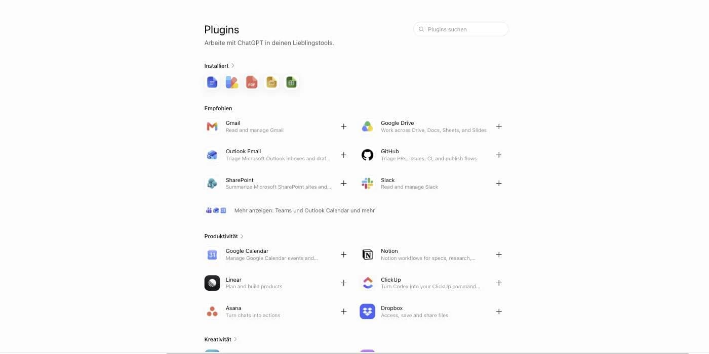 The plugin directory in ChatGPT with categories like Suggested, Productivity, and Creativity