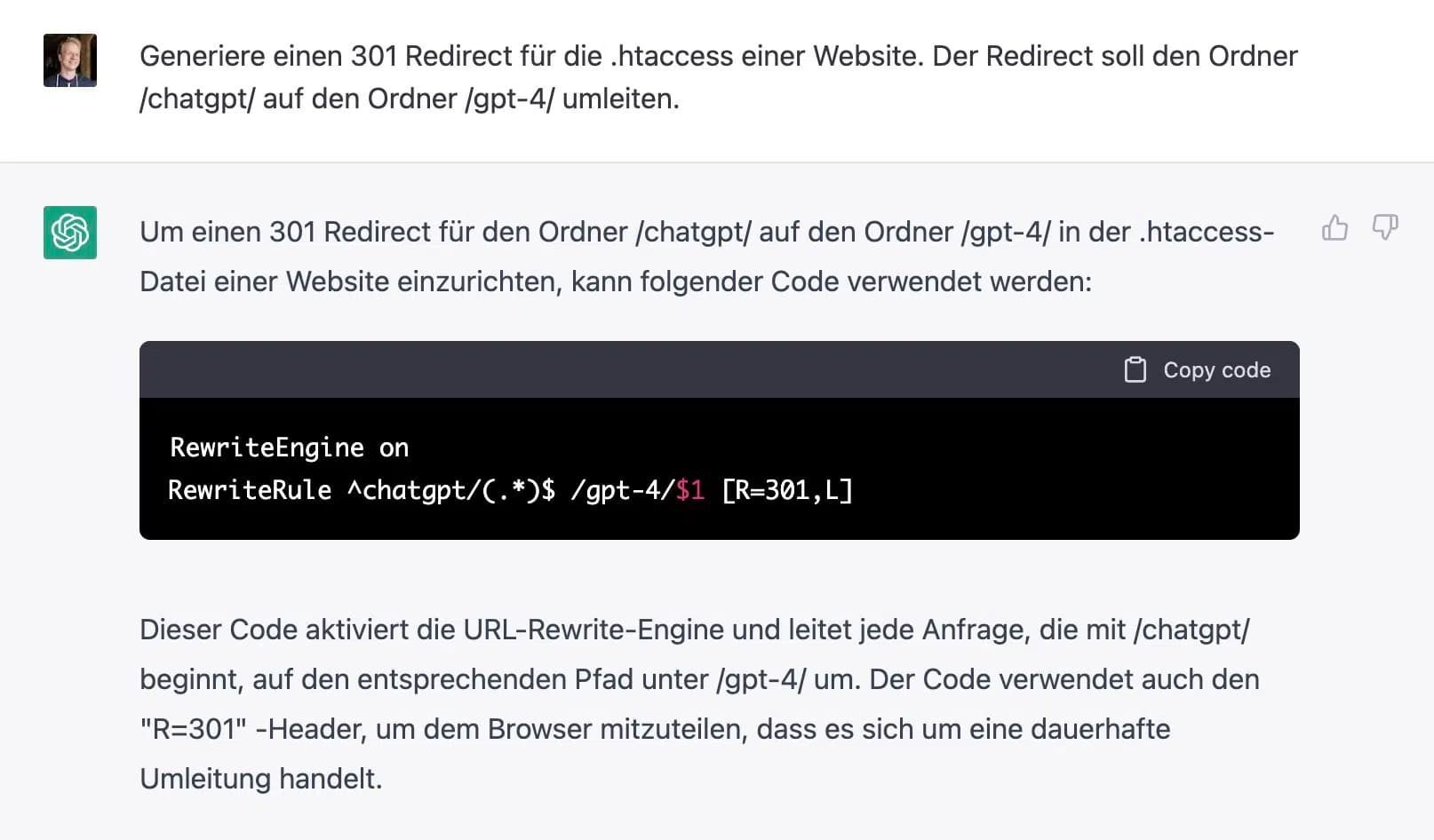 Create redirects in .htaccess with ChatGPT