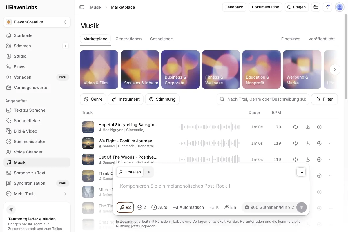 The ElevenLabs Music interface with the marketplace, genre categories, and a composition prompt