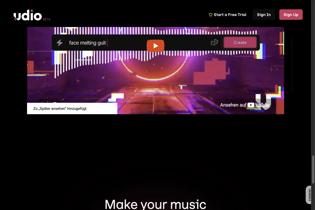 The Udio homepage, an AI tool for generated music with vocals