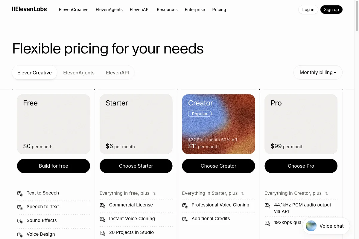 The ElevenLabs pricing overview with the Free, Starter, Creator, and Pro plans and the feature matrix