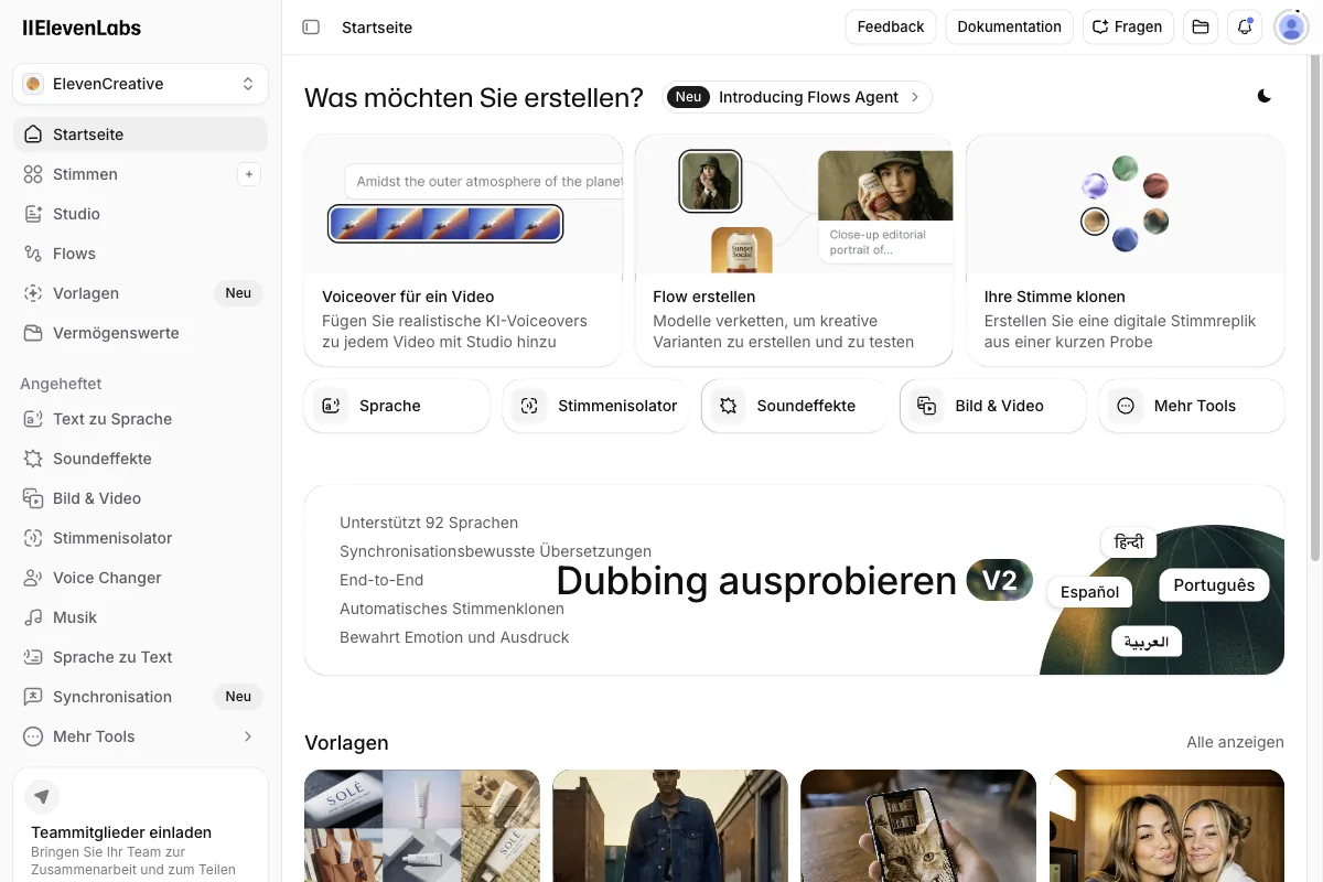 The ElevenLabs home screen with quick access to voiceover, voice cloning, and all tools