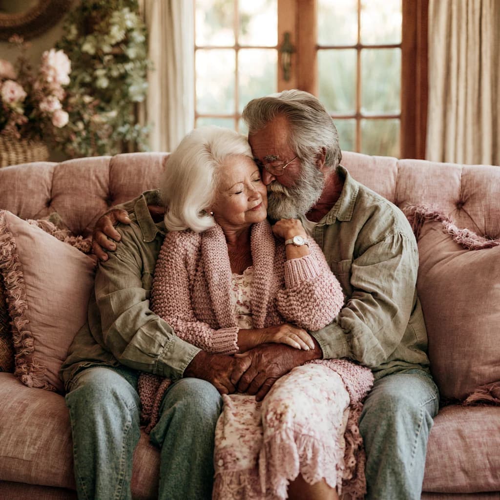 Midjourney V8.1: old couple on a sofa, loving and serene