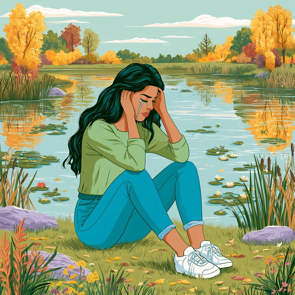 Midjourney V8.1: crying woman by a pond as an illustration
