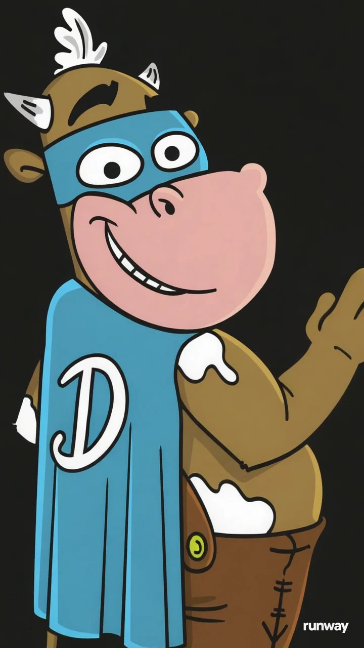 Runway Gen-4 Turbo result: animated superhero cow as a still frame