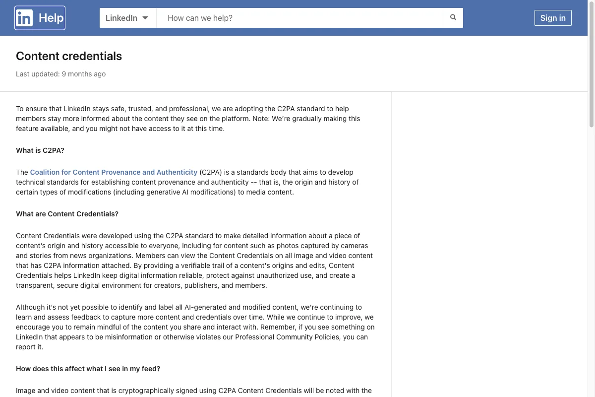 LinkedIn help page about C2PA Content Credentials for images and videos