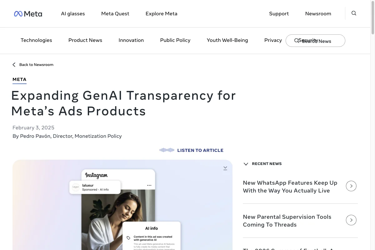 Official Meta page about AI info notices on AI-generated ads