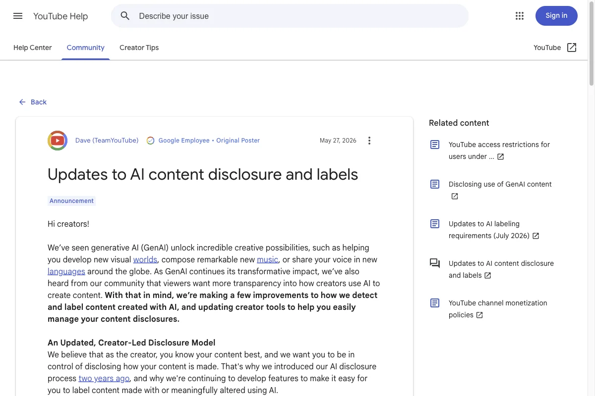 YouTube announcement about updated AI content labels in May 2026