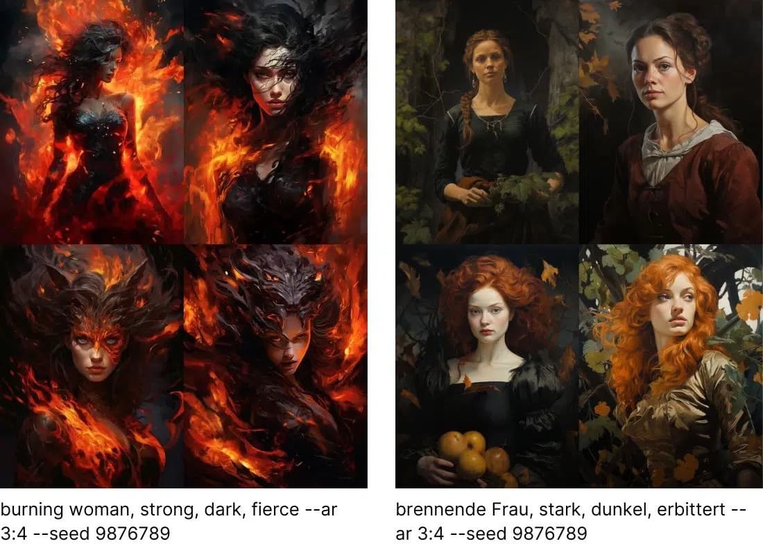 Comparison between burning woman and brennende Frau prompts