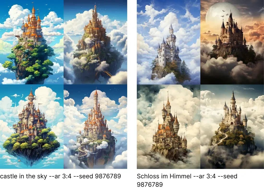 Comparison between castle in the sky and Schloss im Himmel prompts