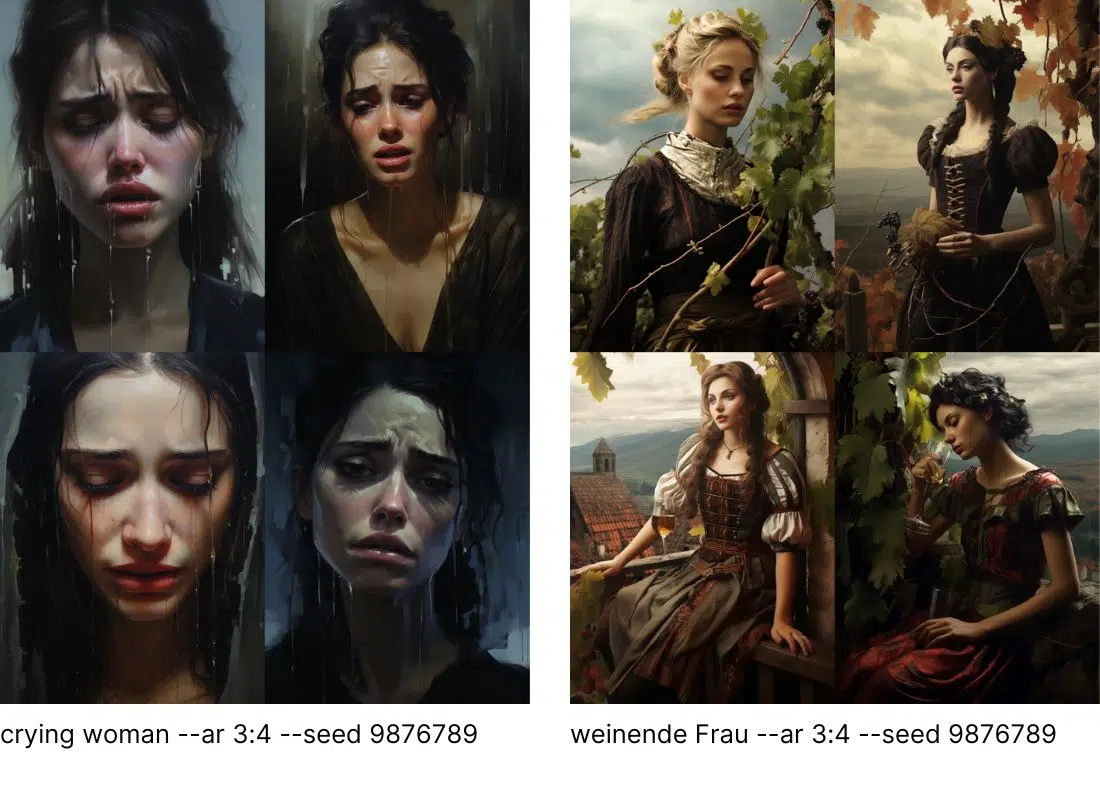 Comparison between crying woman and weinende Frau prompts