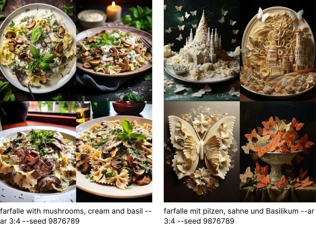 Comparison between farfalle with mushrooms cream and basil and farfalle mit pilzen sahne und Basilikum prompts