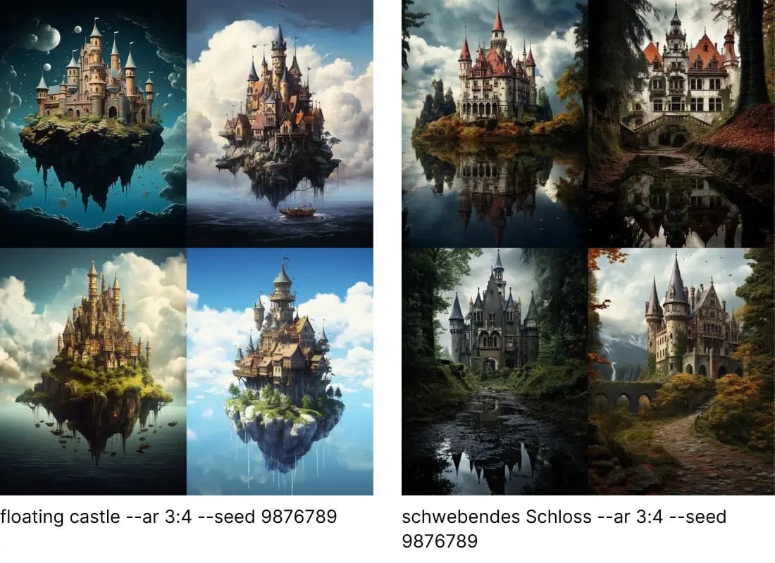 Comparison between floating castle and schwebendes Schloss prompts