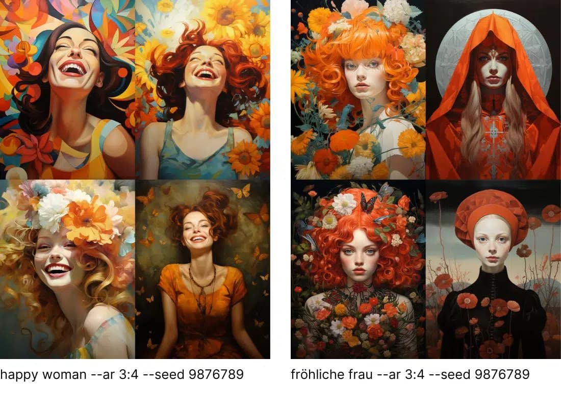 Comparison between happy woman and fröhliche Frau prompts