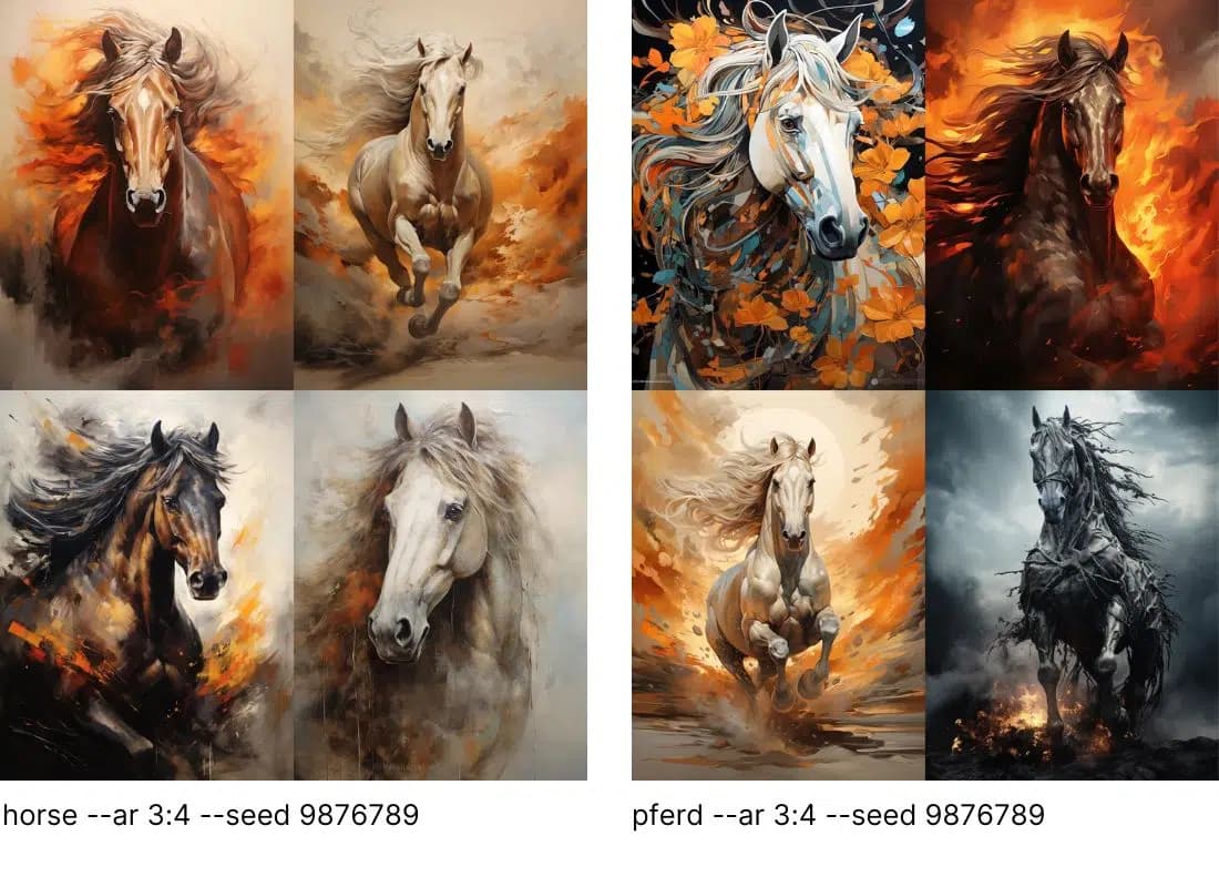 Comparison between horse and Pferd prompts in Midjourney
