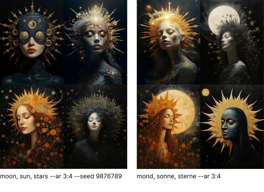 Comparison between moon sun stars and Mond Sonne Sterne prompts