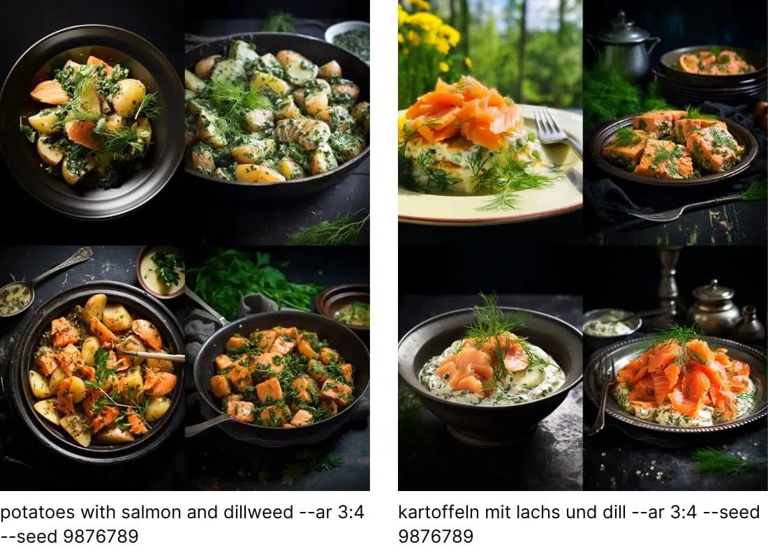 Comparison between potatoes with salmon and dillweed and kartoffeln mit lachs und dill prompts
