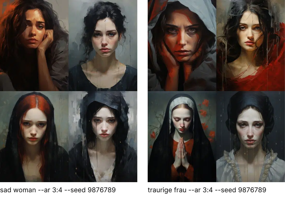 Comparison between sad woman and traurige frau prompts