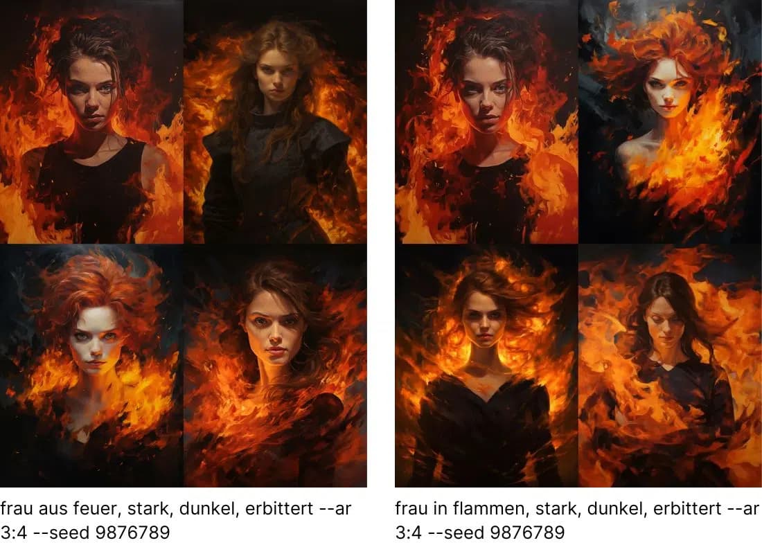 Comparison between frau aus feuer and frau in flammen prompts