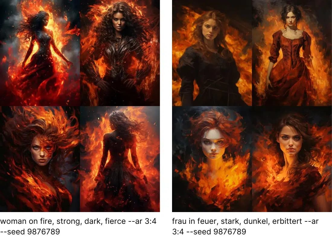Comparison between woman on fire and frau in feuer prompts