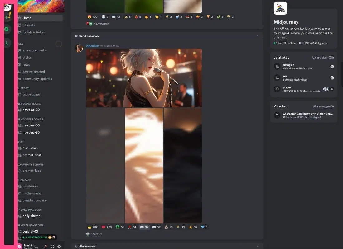 Discord first column of the Midjourney server overview