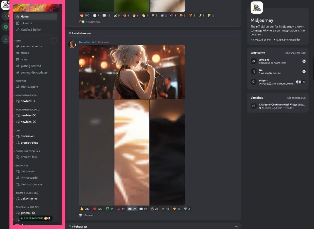 Discord second column of the Midjourney server overview