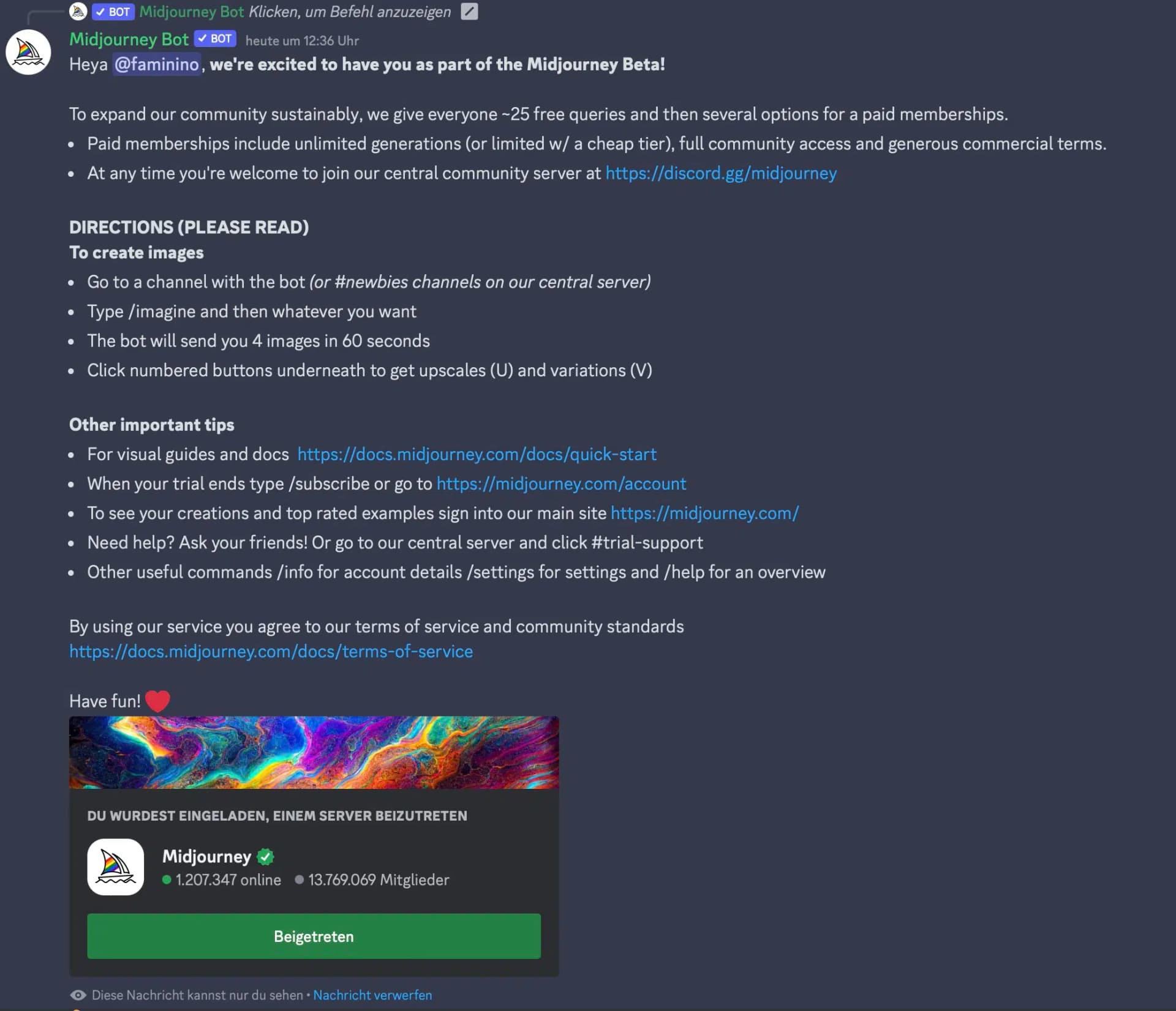 Midjourney welcome message in Discord chat