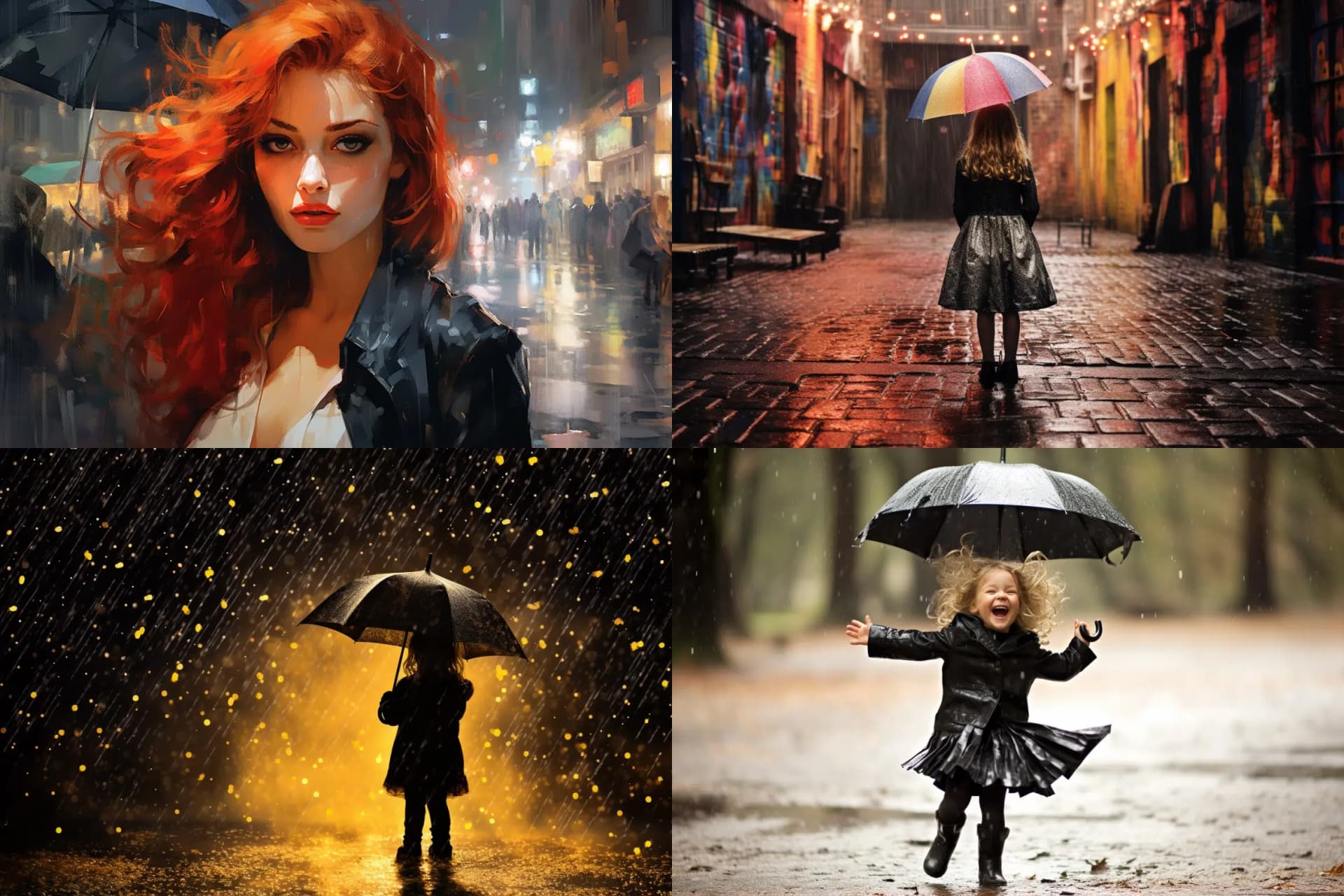 girl with umbrella in rain --ar 3:2 --chaos 25