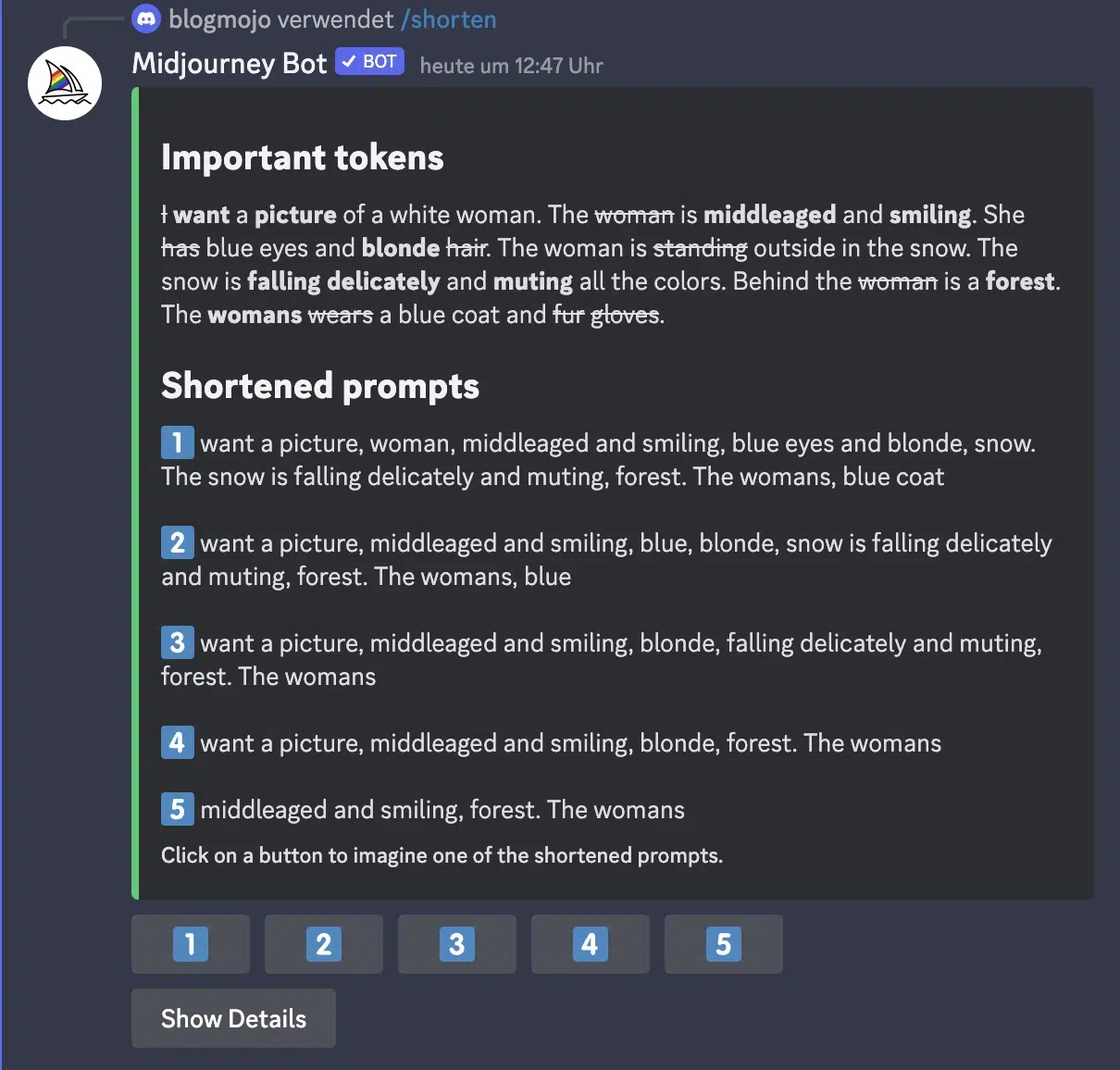 Midjourney /shorten command example