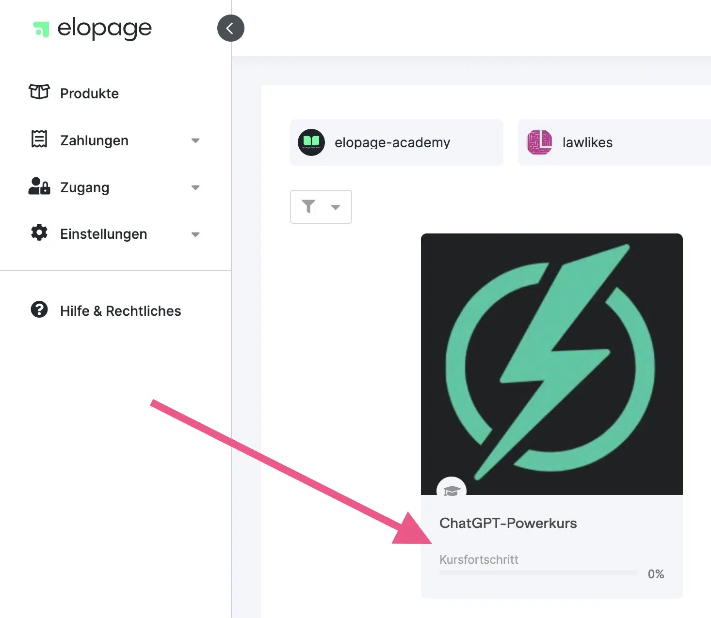Elopage product overview for the ChatGPT Power Course