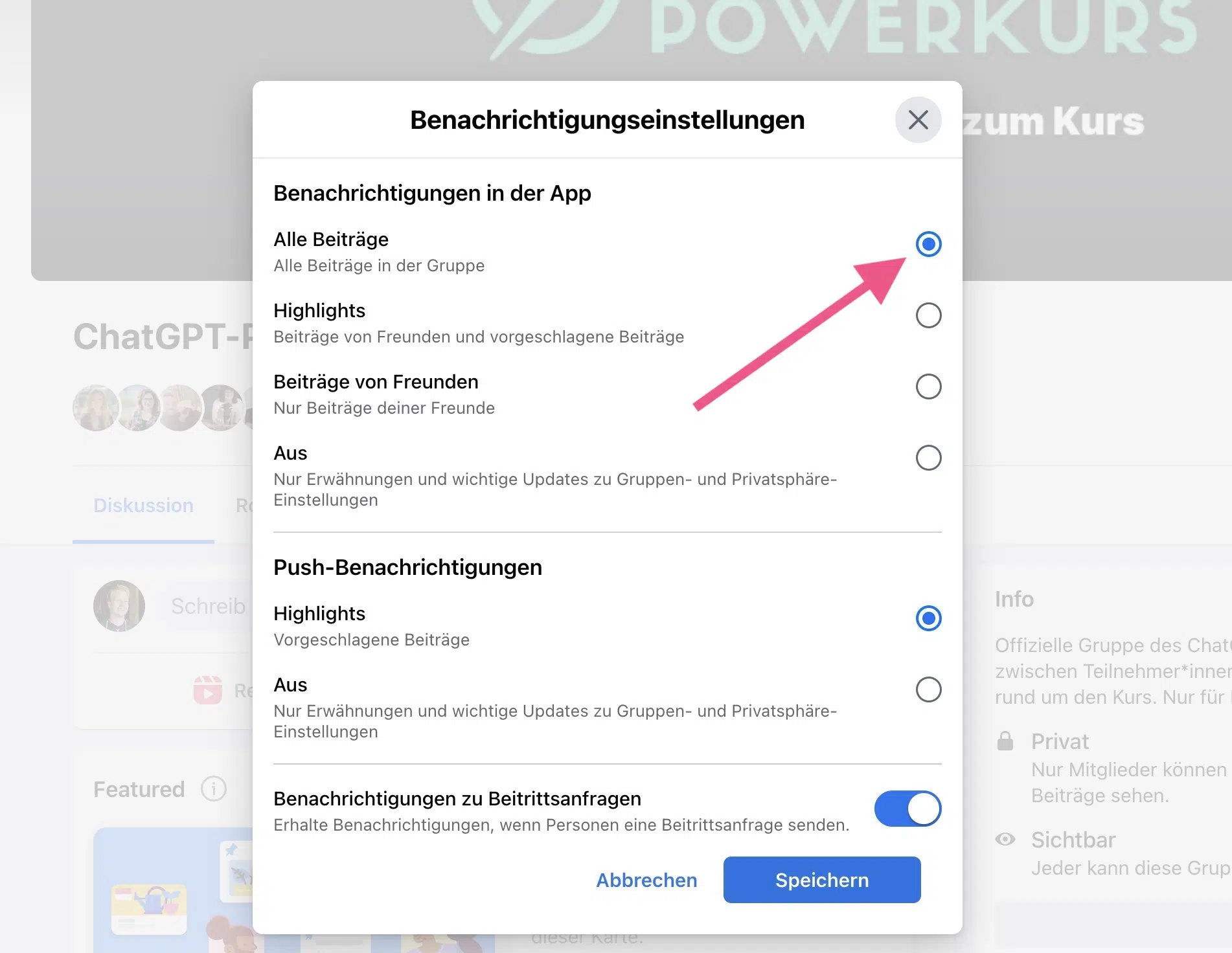 ChatGPT Power Course notification settings in the Facebook group