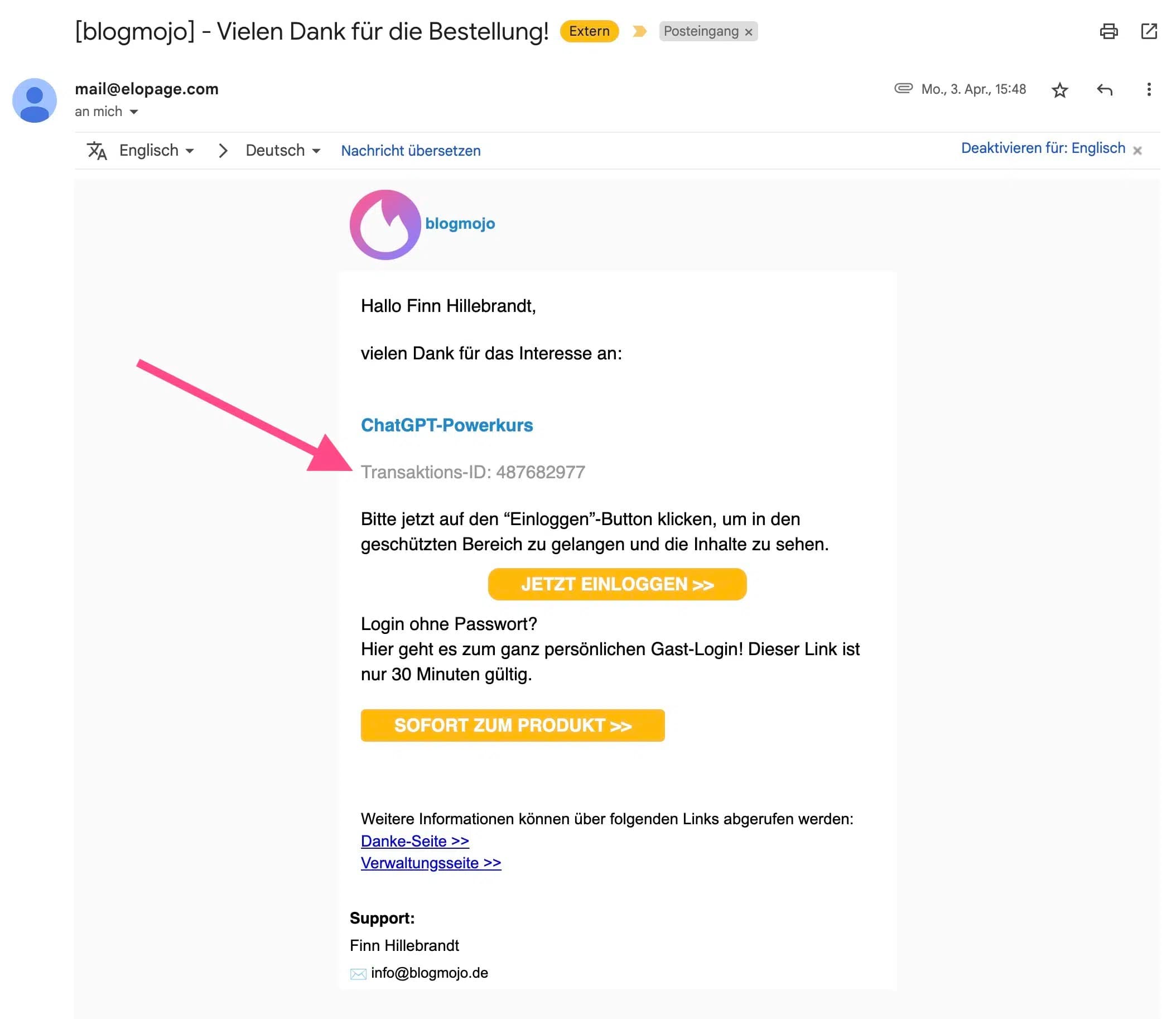 ChatGPT Power Course order confirmation with transaction ID