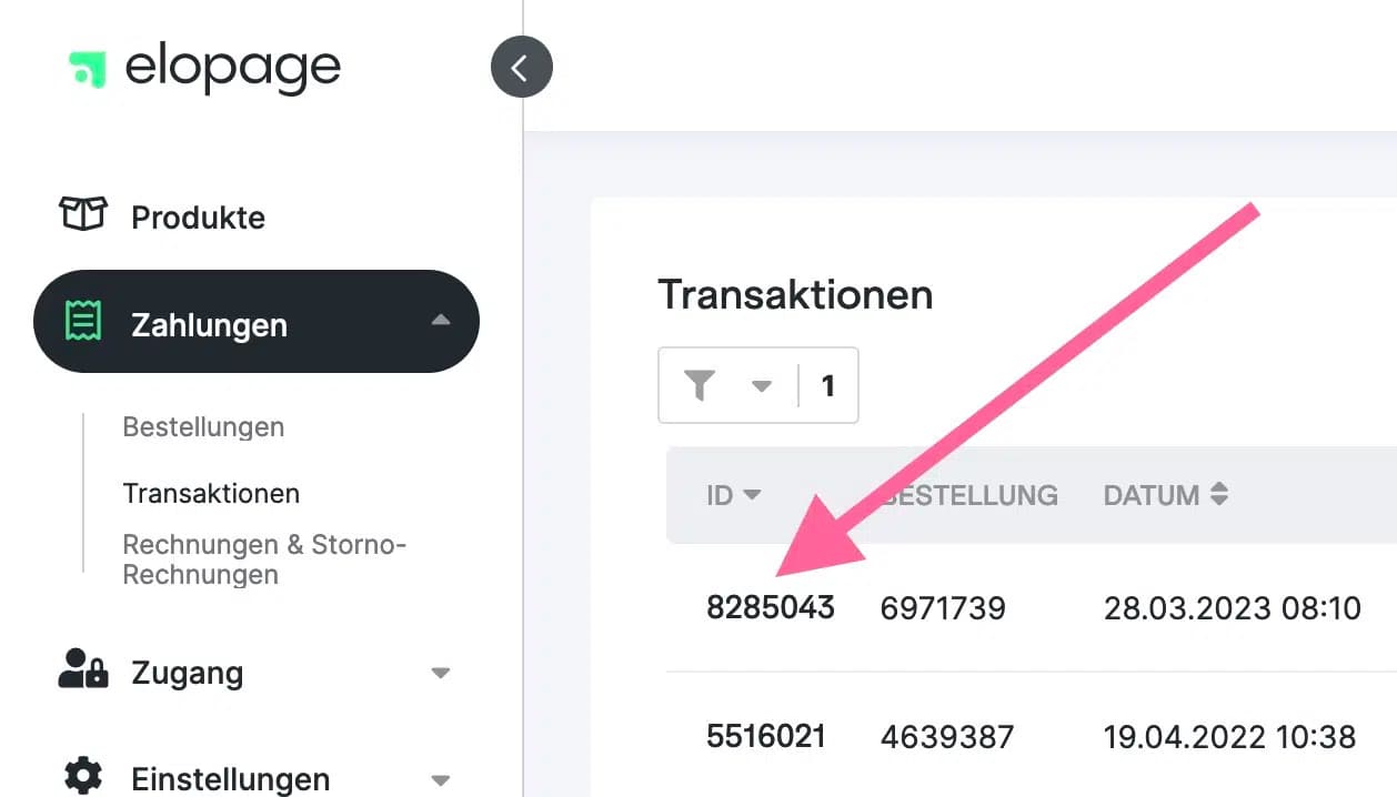 PromptHype transaction ID in the elopage account