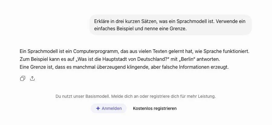 ChatGPT-Beispiel mit deutscher Eingabe und Antwort