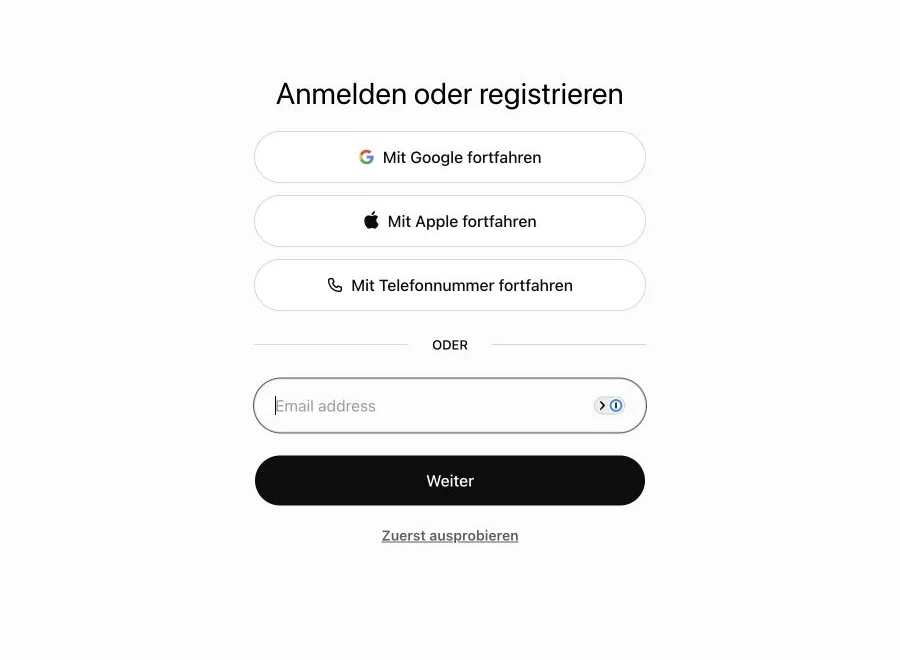 Aktuelle ChatGPT-Anmeldung mit Gastmodus und Anmeldeoptionen
