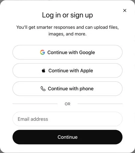 ChatGPT login or sign-up options