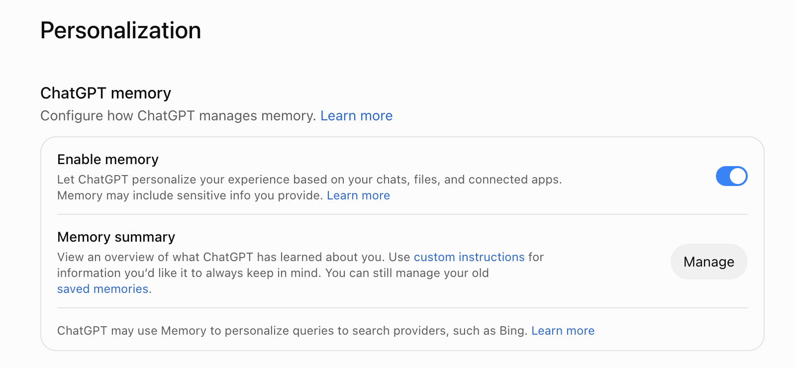 ChatGPT-Personalisierung im Browser mit eingeschaltetem Enable memory und Manage für die Memory summary