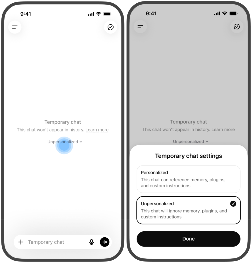 Mobile ChatGPT-Beispielansicht von OpenAI mit den Optionen Personalized und Unpersonalized und ausgewähltem Unpersonalized